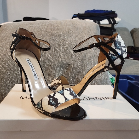 White & Turquoise Snake Print Heels
